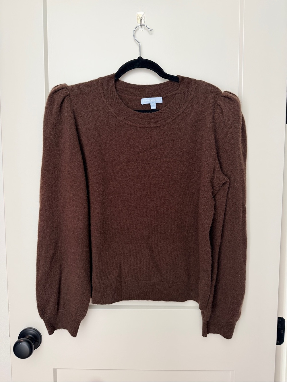 ANTONIO MELANI Chocolate Brown Puff-Sleeve Cashmere Crewneck Sweater